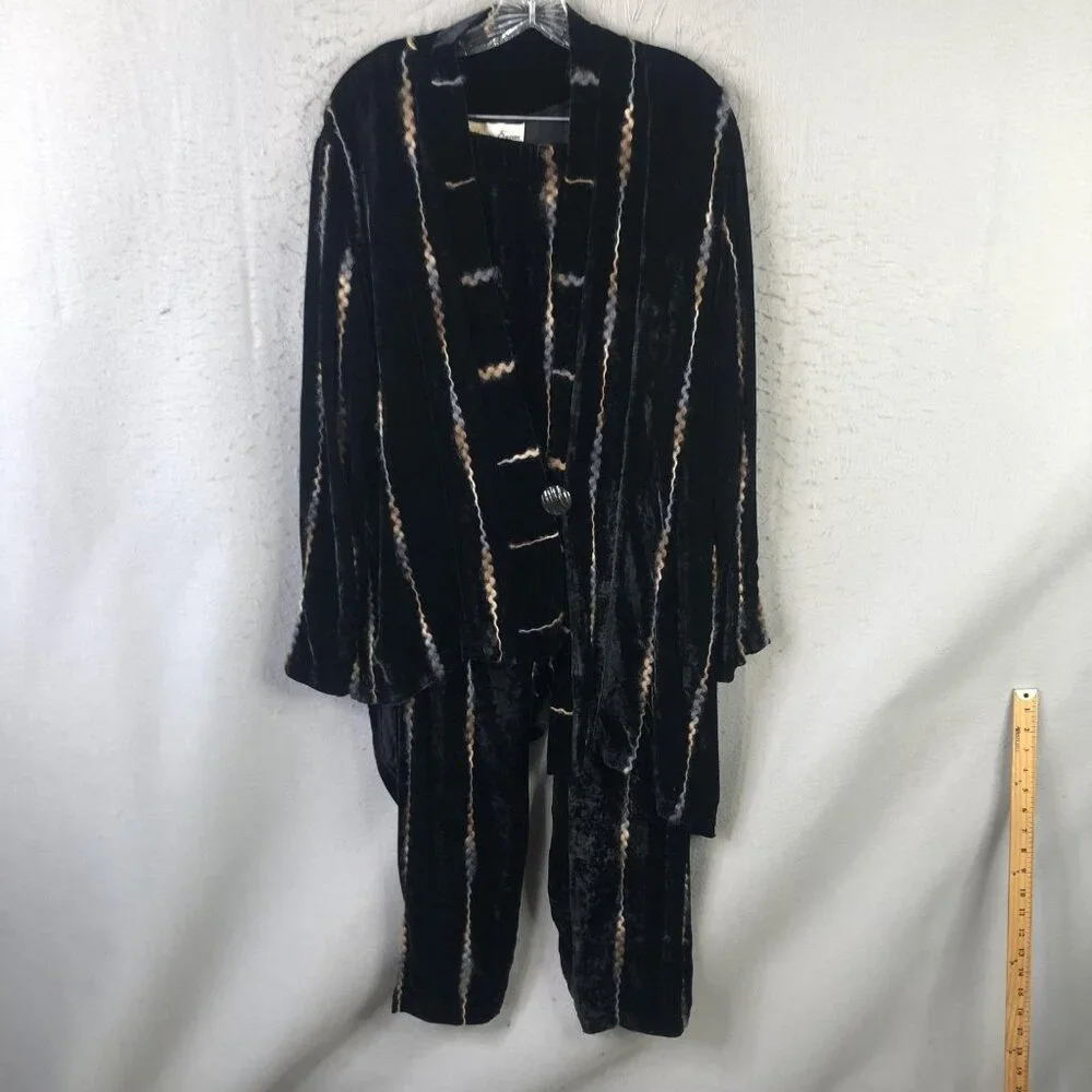 Catherine Bacon Jacket Pants Set Women M Black Velvet Striped Button Art To Wear